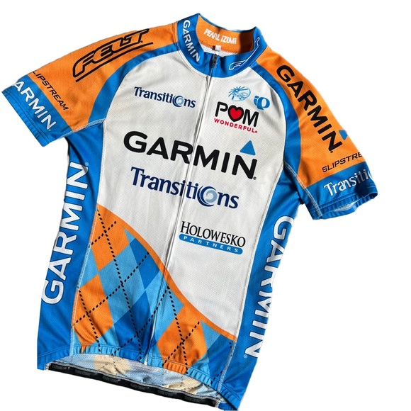 PEARL IZUMI WHITE/BLUE/ORANGE GARMIN FULL ZIP LIGHTWEIGHT CYCLING JERSEY - Picture 2 of 9